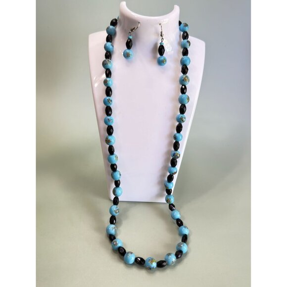 Blue & Black Glass Beads Hand-Painted Embossed Design Jewelry Set 24" - Picture 5 of 6